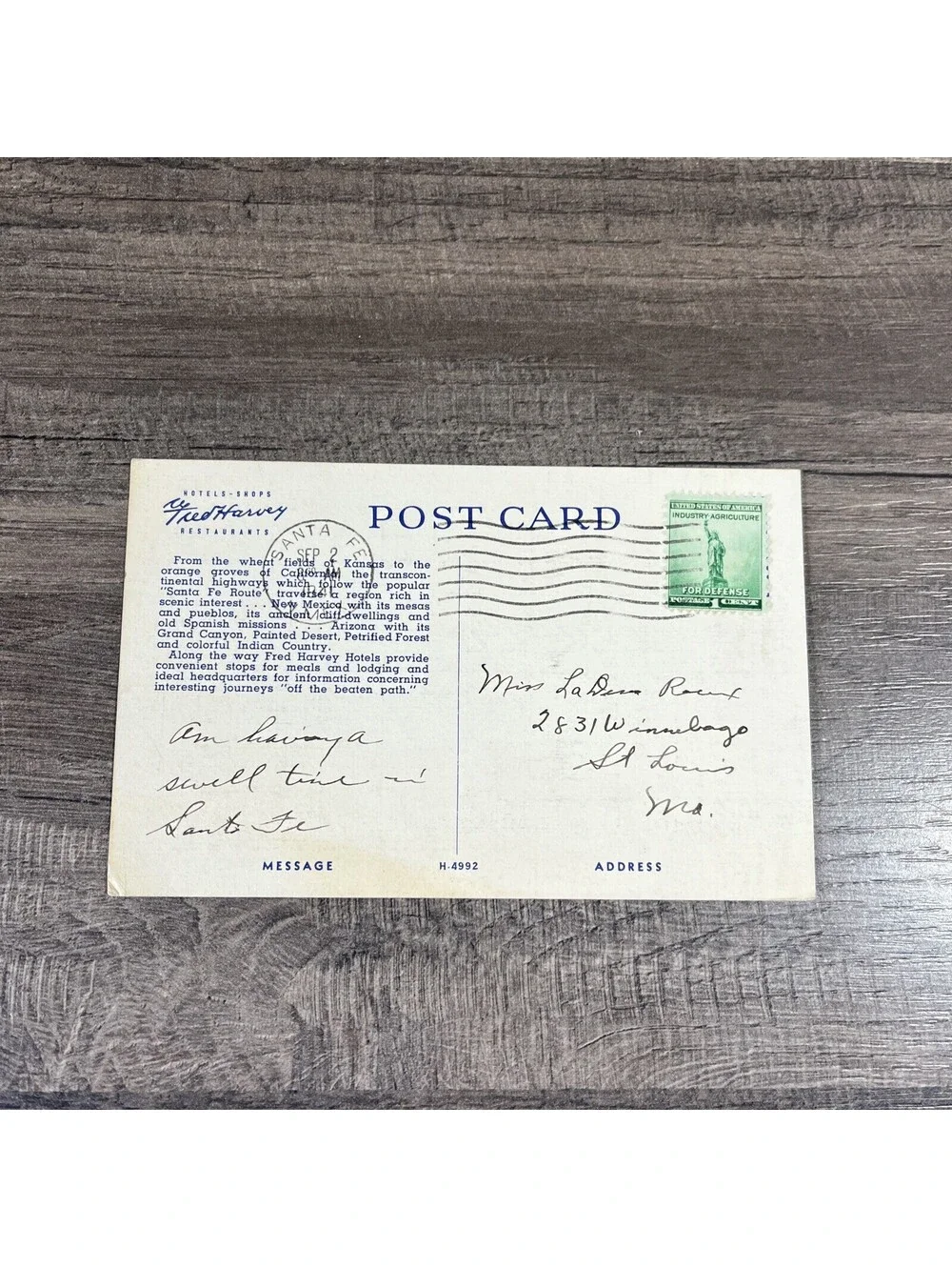 1940s FRED HARVEY SANTA FE ATSF HOTEL LOCATION LINEN POSTCARD